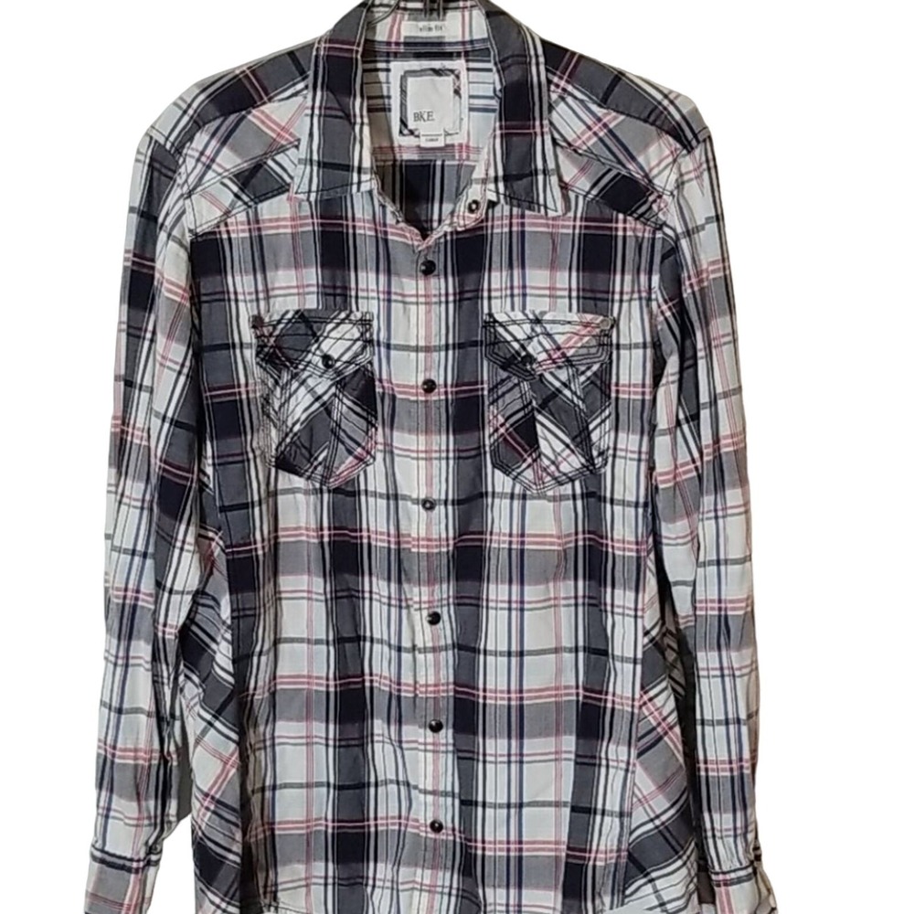 BKE Pearl Snap Shirt Large Men's Plaid Western Cowboy Slim Fit Pockets Button Up